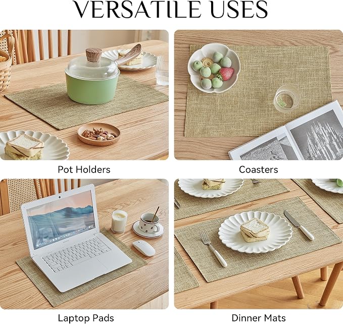 Softalker Faux Linen Placemats Set of 8-12 x 18 Inch, Heat Resistant Double Layered Durable Burlap Farmhouse Place Mats, Non-Slip Washable Rustic Table Mats for Dining, Kitchen, Party（Khaki