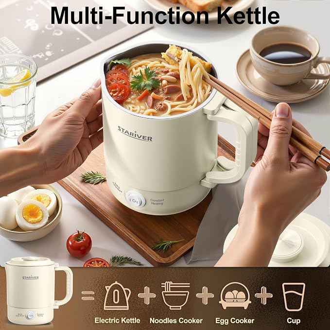 Stariver 0.6L Portable Electric Kettle, Stainless Steel Travel Kettle | Foldable Handle, Collapsible Design, Dual Power Modes, Compact for RV, Camping, Overheat & Boil-Dry Protection, Lightweight