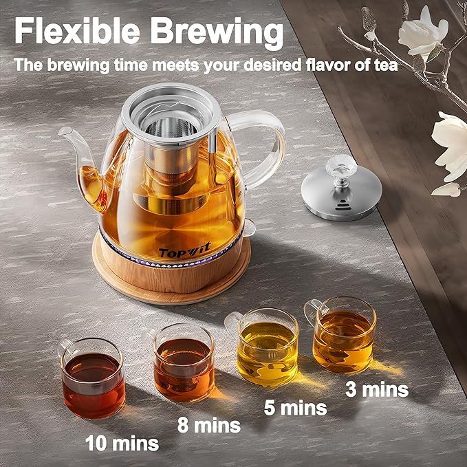 Topwit 1L Glass Electric Kettle, Gooseneck Electric Tea Kettle, BPA-free | Removable Stainless Steel Tea Infuser, Auto-Shut Off, Boil-Dry Protection, Dual-Purpose For Hot Water, Tea & Coffee, Wood