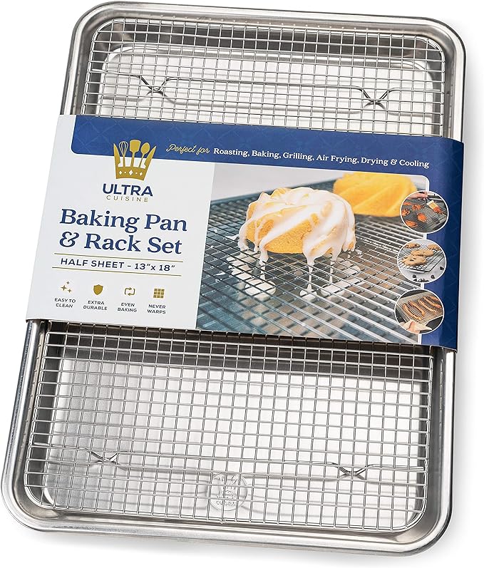 Aluminum Baking Sheet with Cooling Rack Set, 13'' x 18'' | 100% Stainless Steel Rack, Oven Safe, Half Sheet Size Pan, Durable Rimmed Sides, Easy Clean, Commercial Quality for Cooking