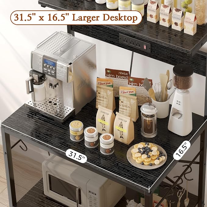 SUPERJARE Bakers Rack with Power Outlets, Microwave Stand, 31.5 X 16.5 Inch Larger Desktop, Kitchen Storage Rack with Adjustable Middle Shelf, 6 S-Shaped Hooks, Coffee Bar Stand, Black
