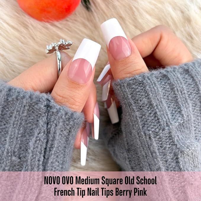 NOVO OVO Old School Retro French Tip Nails Wide White Press on, Medium Length Tapered Square BERRY PINK, Extra Thick Soft Gel Fake Acrylic Extension, Need Builder Gel, Top Coat, Glue 15 Sizes 240 pcs