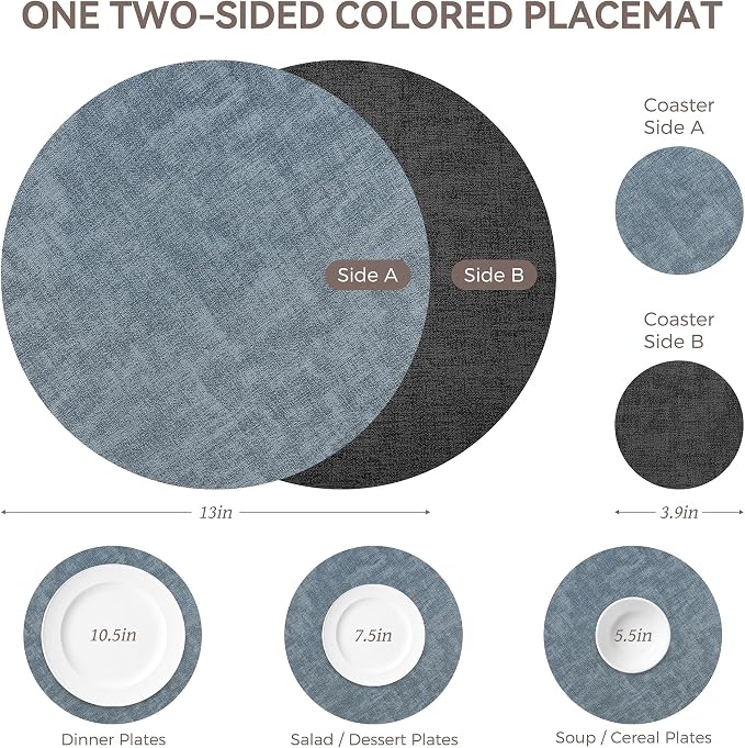 NCUE 13" Faux Leather Round Placemats Set of 4, Reversible Dual-Color | With 3.9" Coasters, 2 mm Vinyl Table Mats, Waterproof Wipeable Heat Resistant, Non-Slip Texture, for Dinner Party Home Decor