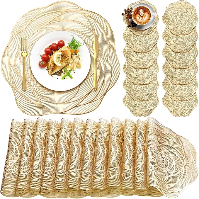 Sieral Round Hollow Rose Vinyl 15'' Placemat & 4'' Coaster,Gold,12 Set