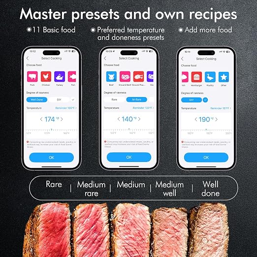 Wireless Smart Bluetooth Meat Thermometer Digital for BBQ, Grill, Oven, Smoker, 500ft Range Cooking Thermometer with Ultra-Thin Wireless Meat Probe, Perfect for Steak, Chicken, Turkey