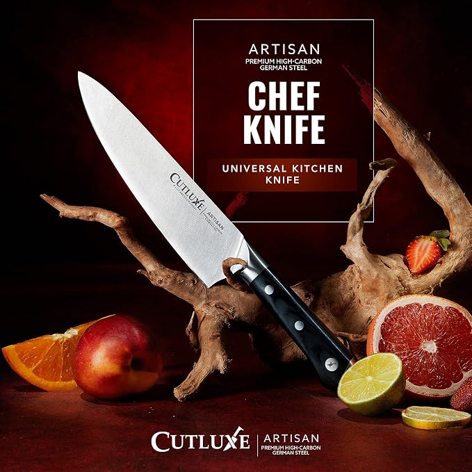 Cutluxe Chef Knife 8" – German High Carbon Steel Kitchen Knife, Full Tang | Ergonomic handle with sheath included; hand-sharpened blade at 56 HRC; slices meat, sushi and vegetables with ease