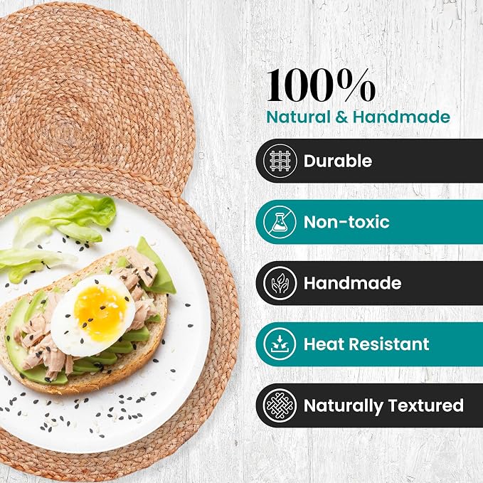 Natural Jute Placemats Set of 6, Round Woven Table Mats, 13 Inch Rattan Charger Plates for Dinner, Boho Farmhouse Braided Place Mats