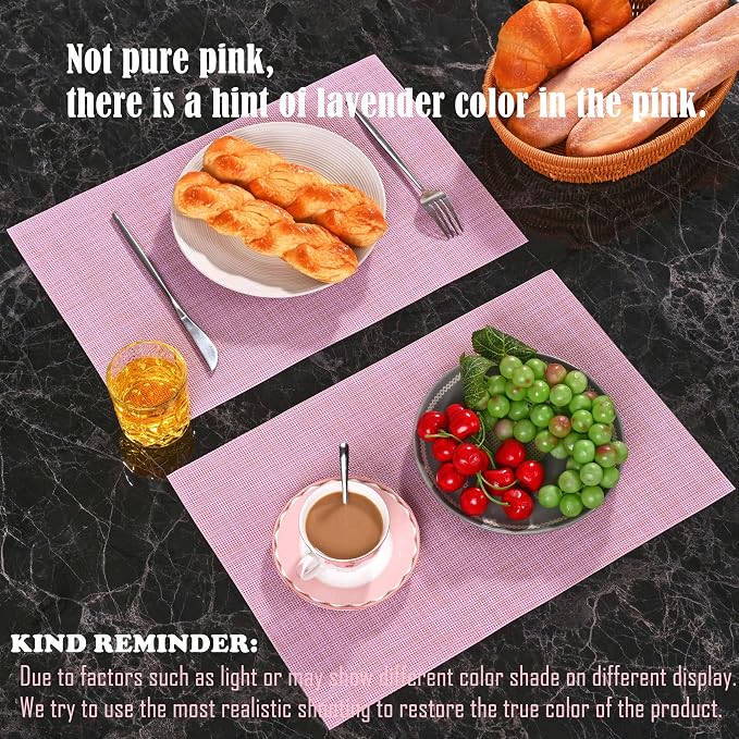 Zupro Pink Placemats Set of 4 Woven PVC 18"x12" for Indoor Outdoor Usage | Washable Heat-Resistant Non Slip Table Mats PVC Vinyl Kitchen Dining Patio Table Place Mats for Holidays Dinner Parties BBQs