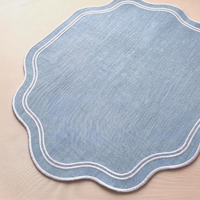 6-Piece Scalloped Embroidered Placemats - 17" x 13" Double-Layered Cotton Table Mats for Wedding, Party & Holiday Decor (Light Blue)