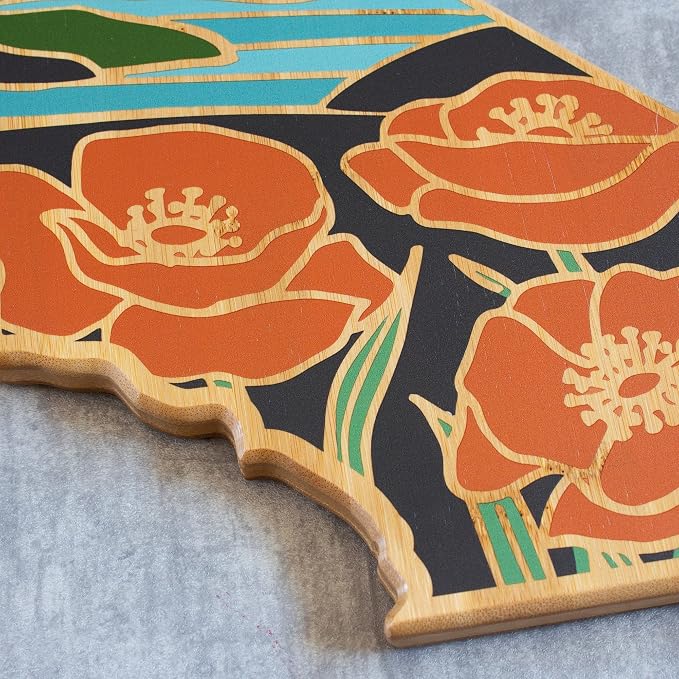 Totally Bamboo California State Shaped Cutting Board, Summer Stokes Art | State charcuterie board with colorful hand-drawn landscape art. Smooth reverse side for food prep. Hang tie for wall display.