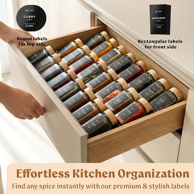 Square Glass Spice Jars (24 x 4oz) with Bamboo Lids + Magnetic Spice Rack for Refrigerator (Fits 12 Jars) + Bonus Slim Auxiliary Rack, 240 Labels, Shaker Inserts, Funnel