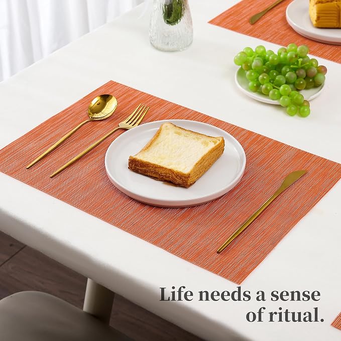 Leetaltree Orange Placemats Set of 12 - Heat Resistant Non-Slip Place mats for Dining Table, Washable Durable PVC Vinyl Woven Table Mats（Orange, 12）