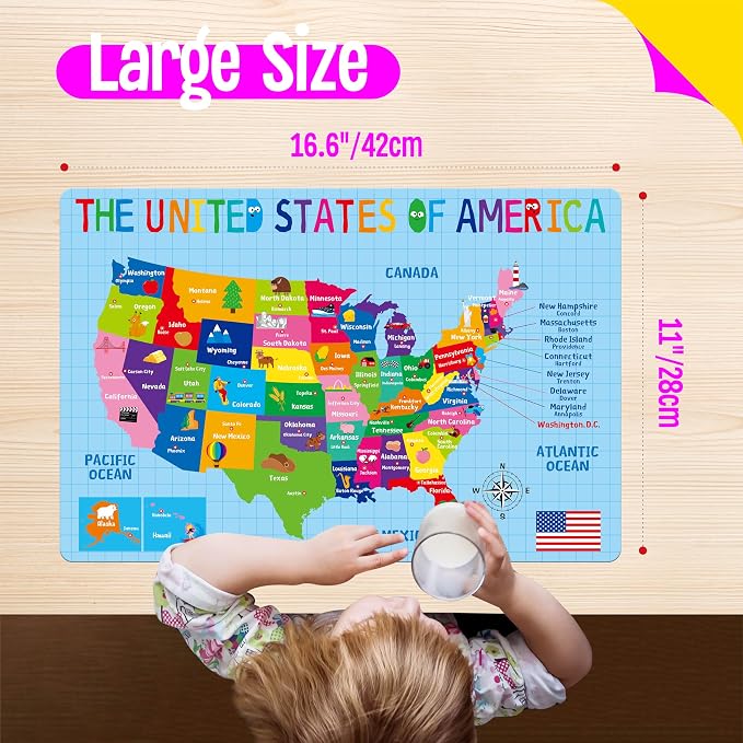 6 Pack Placemats for Kids, Non-Slip Washable, Reusable Alphabet, Number, Shape & Color, Universe, Map Themed Educational Placemats for Home, Kindergarten, Classroom, Nursery