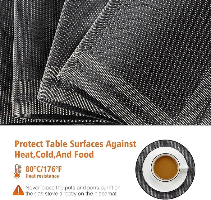 Black Vinyl Placemats Set of 4,Washable Dining PVC Table Mats | Heat resistant, stain resistant non slip vinyl place mats, washable black gold table placemats for dining table(Black gold)