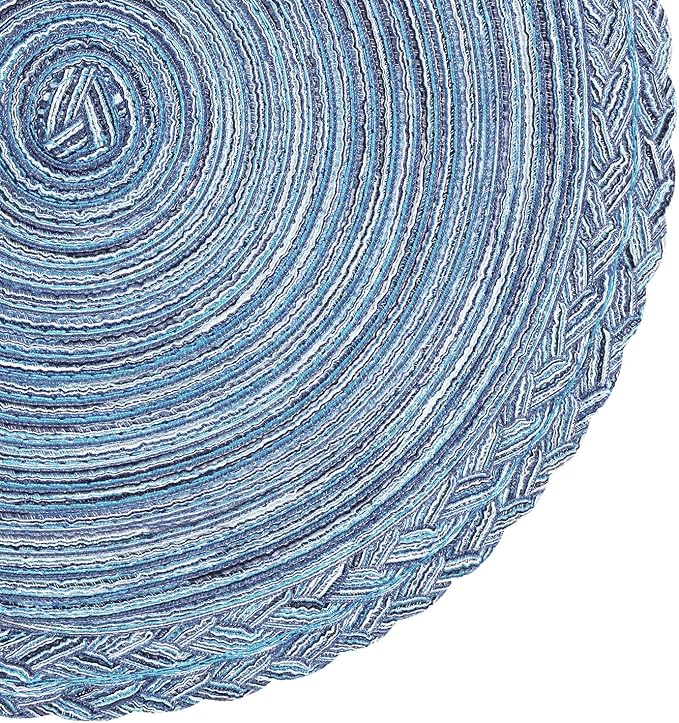 SHACOS Round Placemats Set of 6 Woven Kitchen Table Mats 15 inch Circle Braided Border Washable Cotton Polyester Place Mats, Multicolor Blue Grey