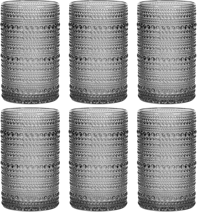 Moretoes 12 Oz Gray Hobnail Drinking Glasses Set of 6 Water Glass Cups | Highball Glasses Embossed Boho Kitchen Bar Tumbler Glassware Set for Whiskey, Beer, Juice, Milk and Various Mixed Drinks