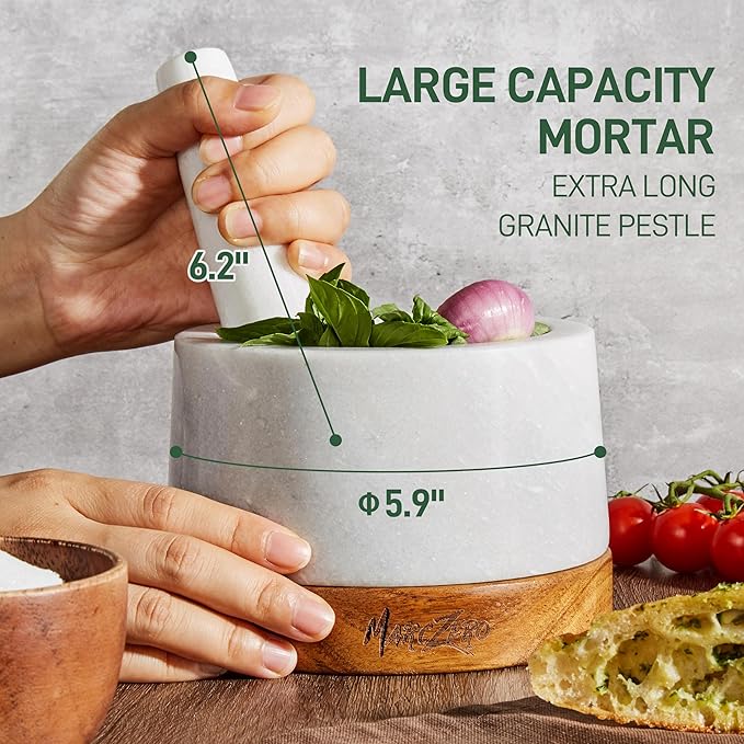 MarcZero 6inch Large Mortar and Pestle Set with Anti-Scratch Wooden Base | Heavy Duty Mortar and Pestle Made of Natural Marble(White)