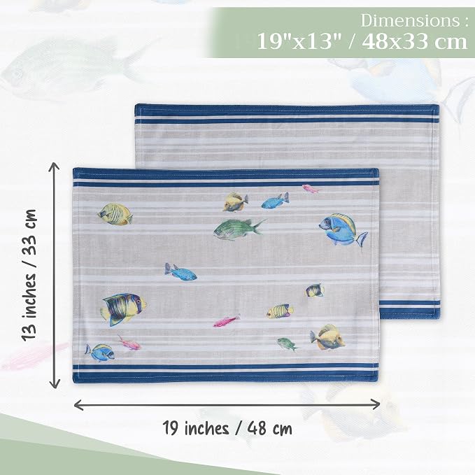 Maison d' Hermine Placemats Set of 4 Reusable 100% Cotton (13"x19") | Cloth Place Mats Washable Table Mats for Kitchen Dining Party Wedding Hotel Home Restaurant Spring Summer - Poisson