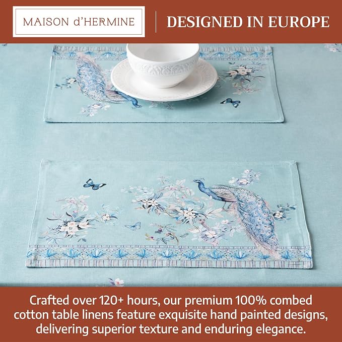 Maison d' Hermine Placemats Set of 4 Reusable 100% Combed Cotton (13"x19") | Cloth Place Mats Washable Table Mats for Kitchen Dining Home Restaurant Spring Summer - Peacock Utopia - Pastel Turquoise