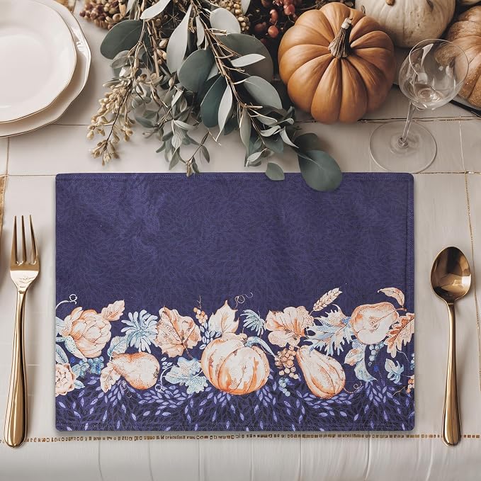 Maison d' Hermine Placemats Set of 4 Reusable 100% Cotton (13"x19") | Cloth Place Mats Washable Table Mats for Kitchen Dining Party Wedding Hotel Home Thanksgiving Christmas - Pumpkin Blues