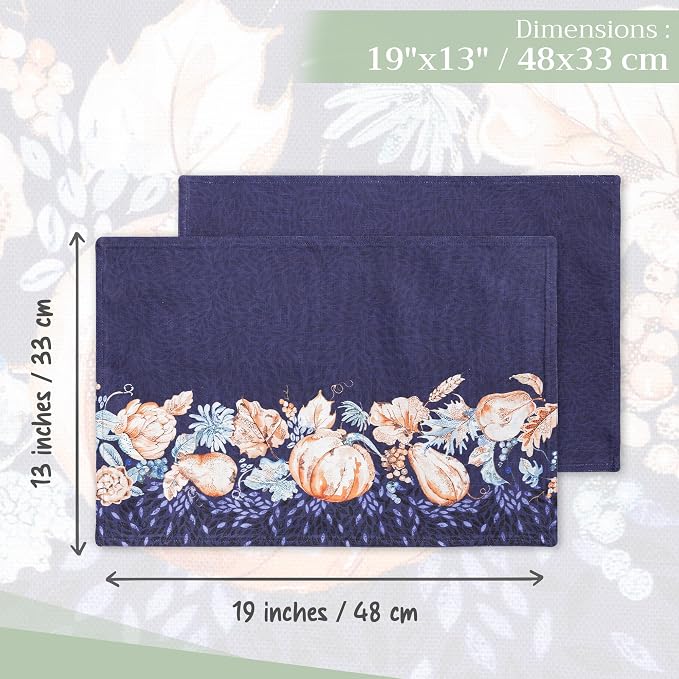 Maison d' Hermine Placemats Set of 4 Reusable 100% Cotton (13"x19") | Cloth Place Mats Washable Table Mats for Kitchen Dining Party Wedding Hotel Home Thanksgiving Christmas - Pumpkin Blues