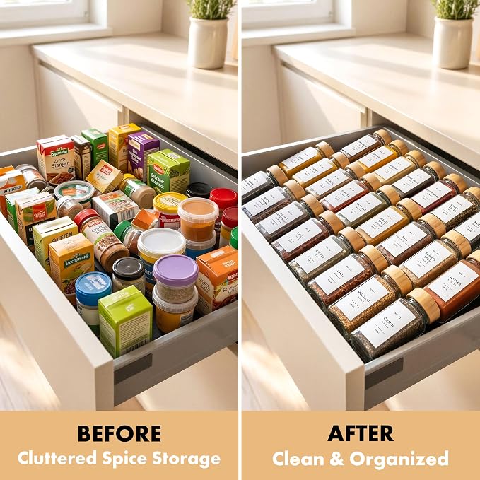 Glass Spice Jars with Label, 24x Bamboo Wooden Lids - White Labels | Airtight Lids keep spices fresh, Kitchen Spice Drawer Organizer, 4oz Seasoning Containers incl. Funnel, Brush & 240 Labels