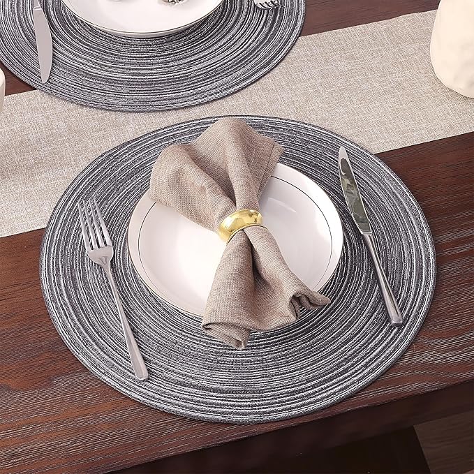 SHACOS Round Braided Placemats Set of 8 Round Table Mats for Dining Tables Non Slip Washable (Black Grey, 8)