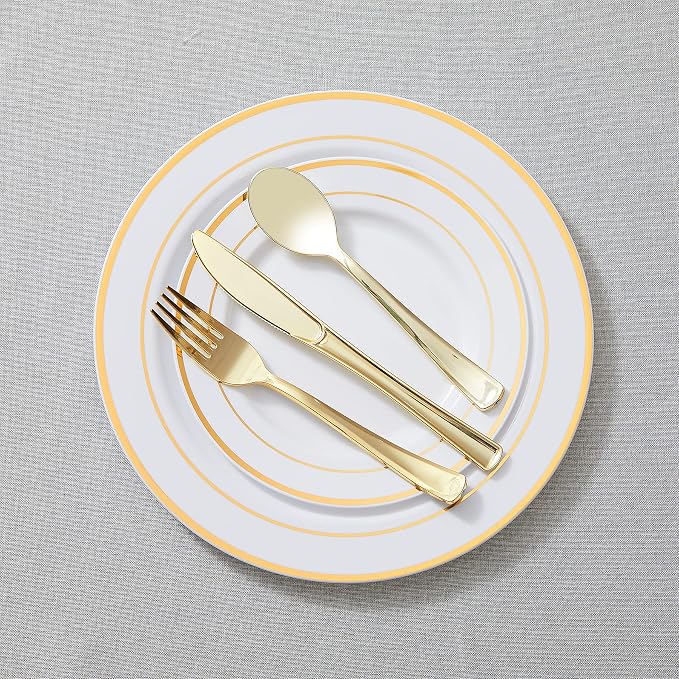 100PCS Gold Plastic Silverware, Heavy Duty Disposable Utensils/Cutlery | 50 Forks, 25 Spoons, 25 Knives, Elegant, BPA-Free, for Party, Wedding, Birthday & Everyday Use