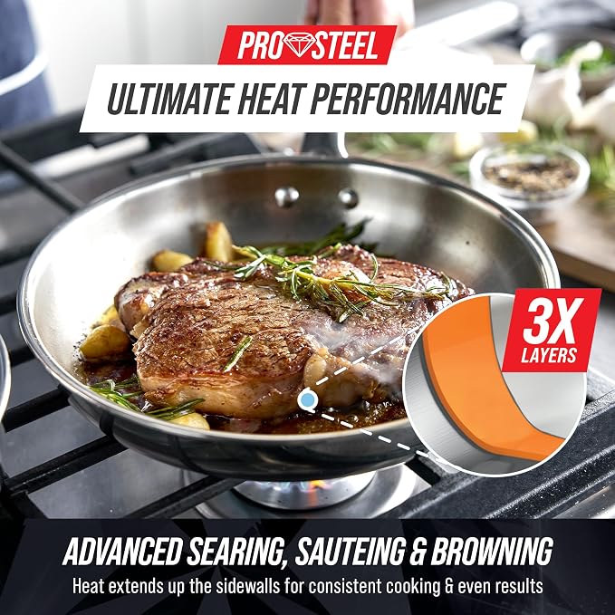 Blue Diamond Pro Steel 12" Tri-Ply Stainless Steel Frying Pan with Lid | Multi Clad Skillet, Induction & All Stovetop Suitable, Mirror Polished Finish, Dishwasher Safe, Oven Safe to 850F, Silver