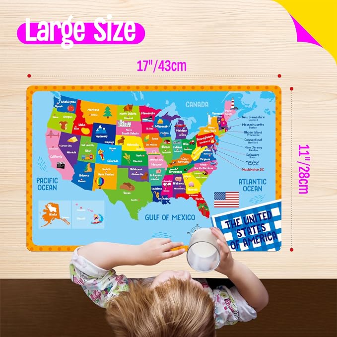 6 Pack Placemats for Kids, Non-Slip Washable, Reusable Alphabet, Number, Shape & Color, Universe, Map Themed Educational Placemats for Home, Kindergarten, Classroom, Nursery