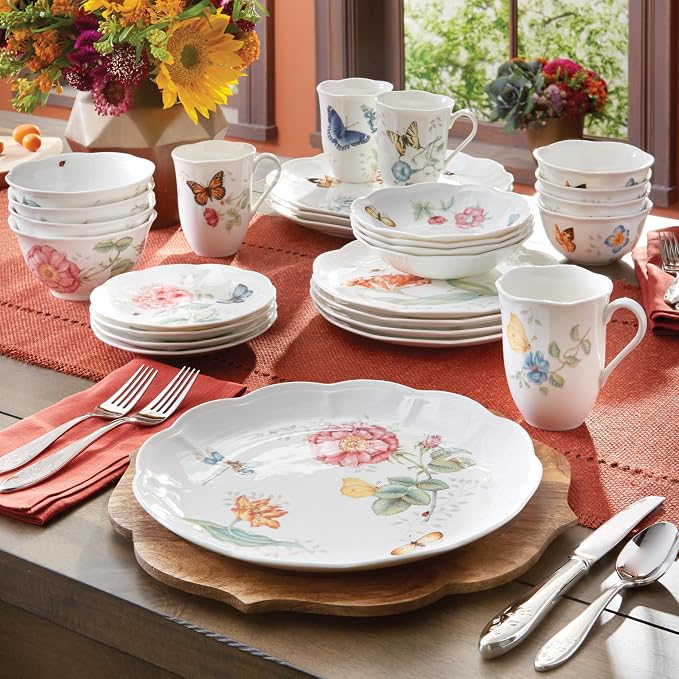 Lenox Butterfly Meadow Porcelain 28-Piece Dinnerware Set for 4 | ceramic, dishwasher safe, microwave safe | plates and bowls sets for kitchen and dining | 11 inch plate