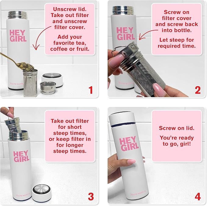 Hey Girl Tea Infuser Bottle 450ml - Insulated Stainless Steel Water Bottle - Tea Tumbler with Tea Diffuser - Portable Travel Mug for Loose Leaf Tea & Infused Water - Tea Lovers Gifts for Women