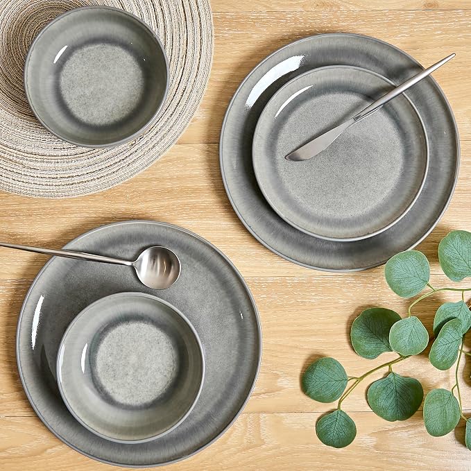 Sango Asher 12-Piece Stoneware Dinnerware Set for 4, Grey Ceramic Plates and Bowls Sets, Modern Dish Set with Reactive Glaze, Durable Kitchen Dishes for Casual Dining, Microwave & Dishwasher Safe