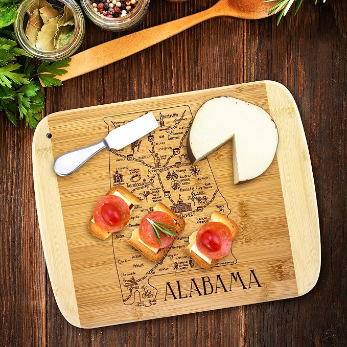 Totally Bamboo A Slice of Life Alabama Engraved Map Cutting Board | 11” x 8.75” charcuterie board with engraved state map artwork. Smooth reverse side for food prep. Hang tie for wall display.