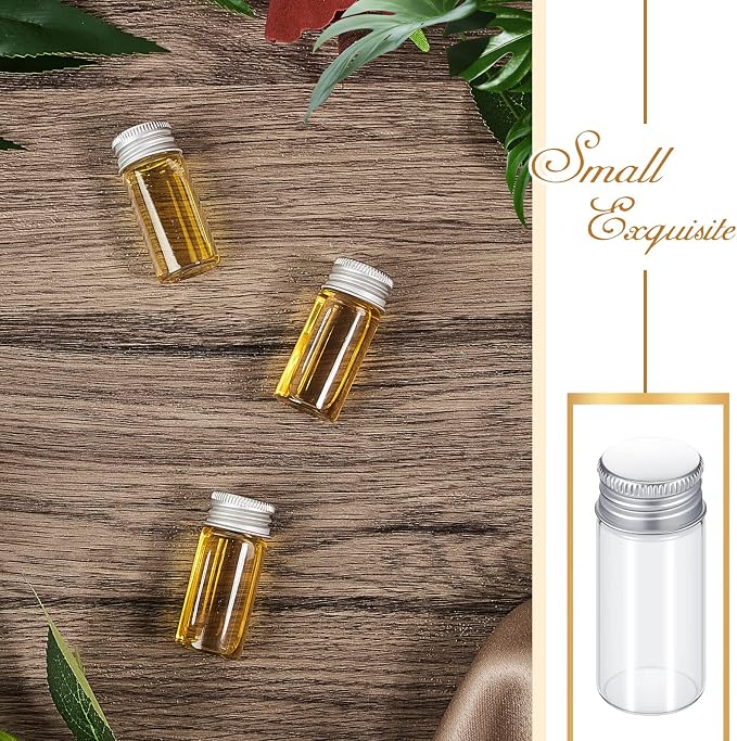 Didaey 50 Pcs Small Clear Vials Spice Mini Jars with Lids Mini Glass Bottles with Screw Aluminum Metal Caps Tiny Jars Sample Containers for Powder Cream Cosmetic Jewelry Wedding (10 ml,Silver Caps)