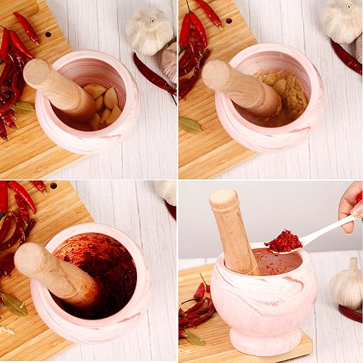 Mortar and Pestle Set- Ceramic Kitchen Mortar and Pestle for Spices, Herbs & More- Durable Mortar with Anti-Slip Base and Sturdy Wooden Pestle with Finest Grinding Ability- 2.6 Cups Capacity