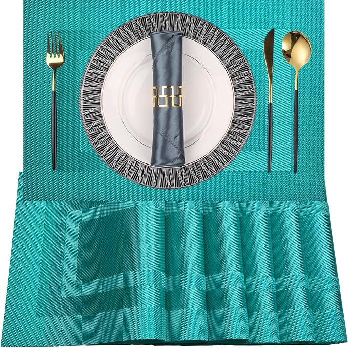 PIGCHCY Placemats Washable Woven Vinyl Placemats for Dining Table,Easy to Clean Plastic Durable Placemats Set of 6 (18 x 12 inches, Turquoise Blue)