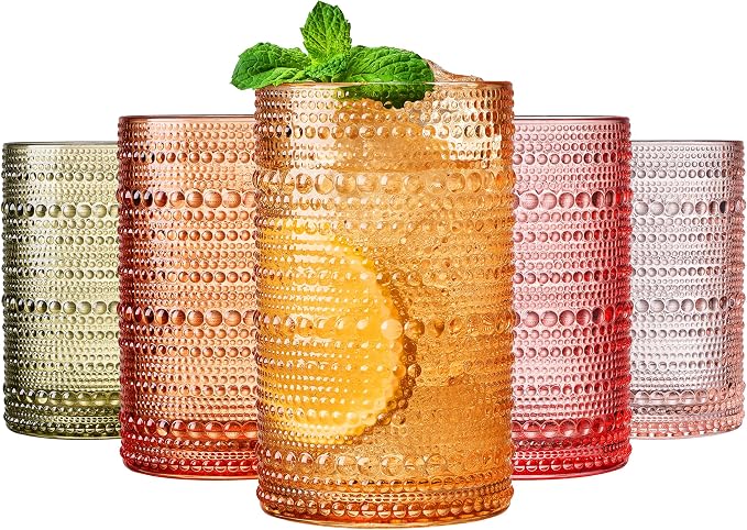 Khen Hobnail Beaded Highball Drinking Tumbler Glasses | Set of 5 | Color Vintage Bubble Design Whiskey Glassware, Old-Fashioned Embossed Design, Water, Wine, Cocktail, Heavy Glass Rocks Glass