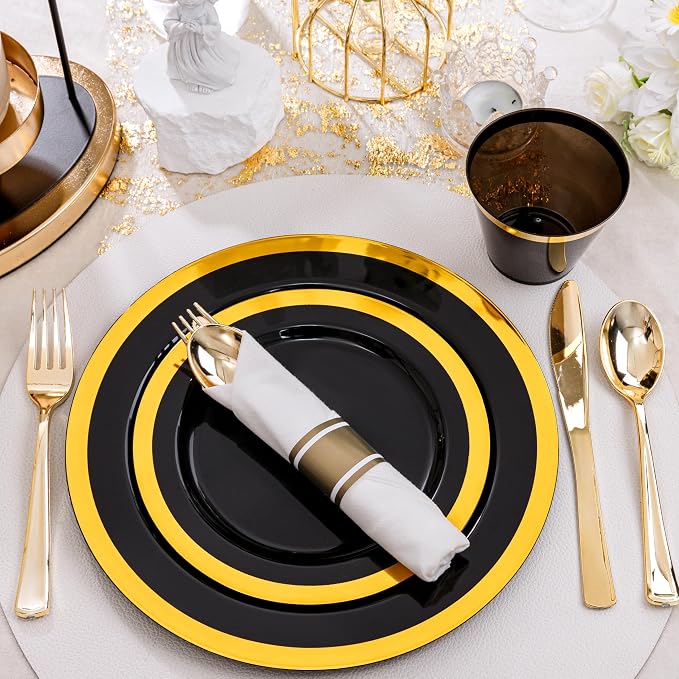 YOUBET 350PCS Black and Gold Plastic Plates for Party Wedding | Black Disposable Dinnerware Sets for 50 Guests - 100 Plastic Plates, 150 Gold Silverware, 50 Cups, 50 Pre Rolled Napkins