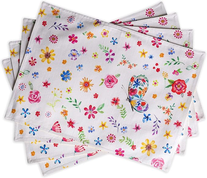 Maison d' Hermine Placemats Set of 4 Reusable 100% Cotton (13"x19") | Cloth Place Mats Washable Table Mats for Kitchen Dining Party Home Restaurant Spring Summer - Happy Florals - Sweety