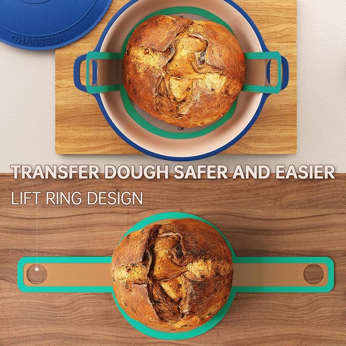 GUYGUYDREMAT Bread Sling for Dutch Oven – Heavy-Duty Reusable Silicone Baking Mat with Finger-Loop Handles, Non-Stick Sourdough Bread Liner, Fits 8–9 Inch Baskets (2-Pack, Modern Teal)
