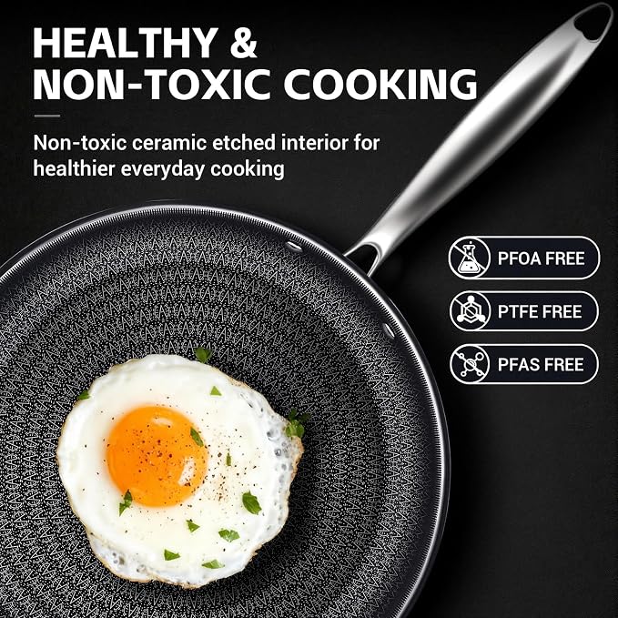Ammeloo Hybrid Tri-Ply Stainless Steel Frying Pan Set, 8"/9.5"/11" Cooking Pans, Non Stick Frying Pans and Skillets, Chef Pan, Non Toxic, Dishwasher Safe, Induction Compatible, Black Interior
