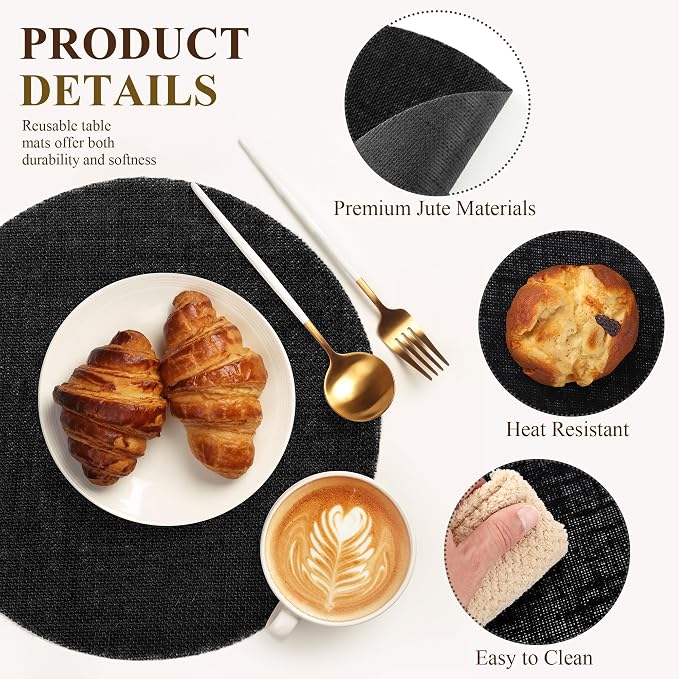 Aneco 50 Pieces Round Burlap Placemats 13.78 Inch Reusable Black Table Mats Heat Resistant Natural Jute Fibers Placemats Burlap Circle Rustic Table Decorations for Dinner Holiday Farmhouse Decor