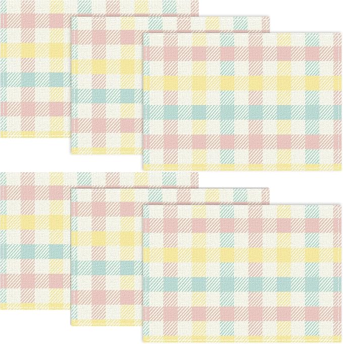 Buffalo Plaid Blue Pink Yellow Spring Easter Placemats Set of 6, 12x18 Inch Table Mats Easter Decor for Holiday Party Kitchen Dining Room Decoration