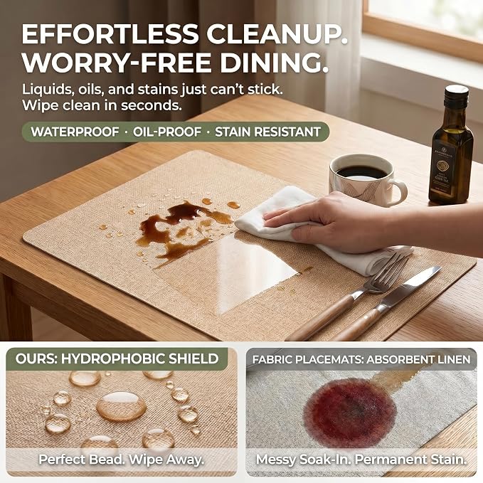 Faux Leather Placemats Set of 6, Wipeable Waterproof Stain Resistant Table Mats, Heat Resistant Thick Placemats with Hand-Painted Edges for Kitchen Dining, Imitative Linen Texture, Various Shapes