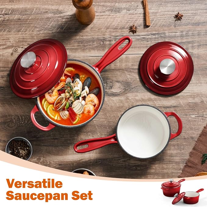 Homikit 1 QT & 2 QT Saucepan Set, Enameled Cast Iron Saucepan with Lid for All Cooktops, Small Pot Mini Dutch Oven for Kitchen Cooking, Boiling, Nonstick & Heavy Duty, Red