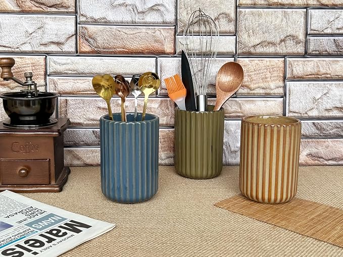 TOPYOKK Stoneware Coffee Bar Utensil Holder Tea & Coffee Spoon & Stirrer Holder for Stir Stick Straw Teaspoon Holder Espresso Spoon Cup Small Utensil Jar Fluted Vertical Stripe (Navy Blue)