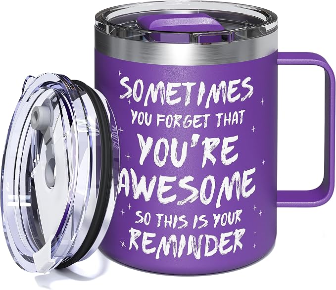 Inspirational Coffee Mug for Women, 12oz Insulated Stainless Steel Mug with Handle & 2 Lids – Sometimes You Forget You’re Awesome, Birthday & Appreciation Gift for Friend, Coworker, Purple