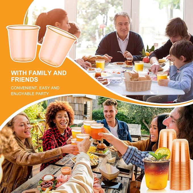 KesaPlan 100Pcs 12oz Orange Plastic Party Cup, Disposable Wine Cocktail Cup | Halloween Fall Cute Crystal Wine Stemless Glasses, Round Bottom PET Cold Drink Cups for Thanksgiving Wedding Birthday Party