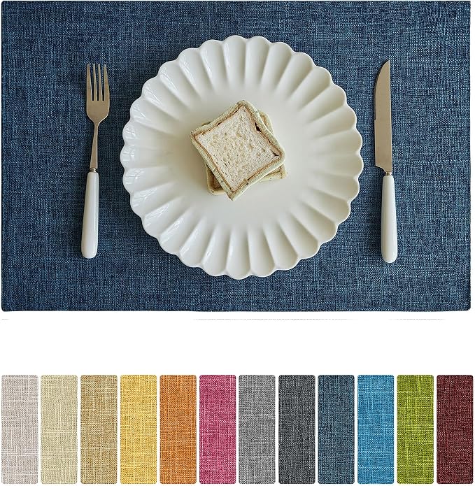 Softalker Faux Linen Placemats Set of 4-12 x 18 Inch, Heat Resistant Double Layered Durable Burlap Farmhouse Place Mats, Non-Slip Washable Rustic Table Mats for Dining, Kitchen, Party（Navy Blue